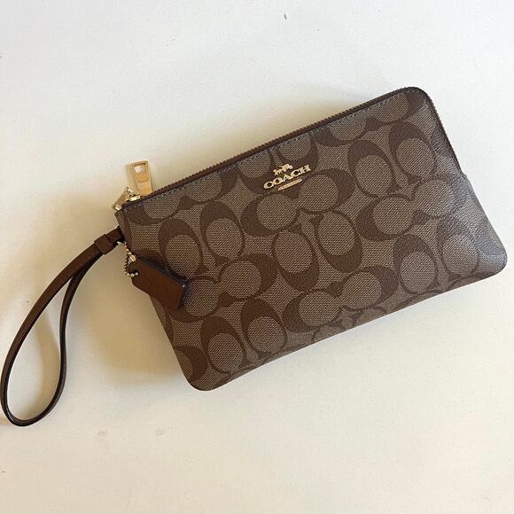 COACH NWOT Leather Double Zip & Gusset Wallet, Signature, Brown - Picture 1 of 12